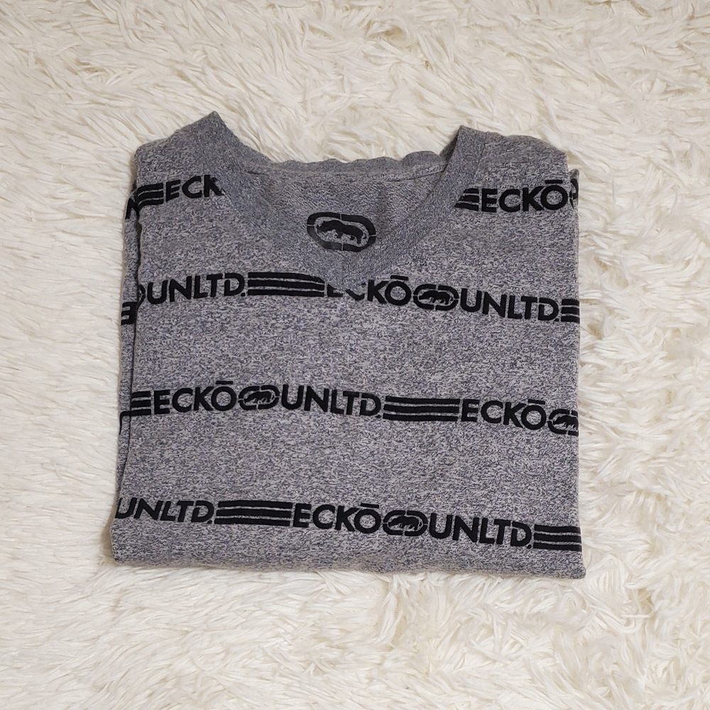 Y2K Style Ecko Unlimited Gray Mens Tee Striped Rhino Logo Shirt with V-neckline